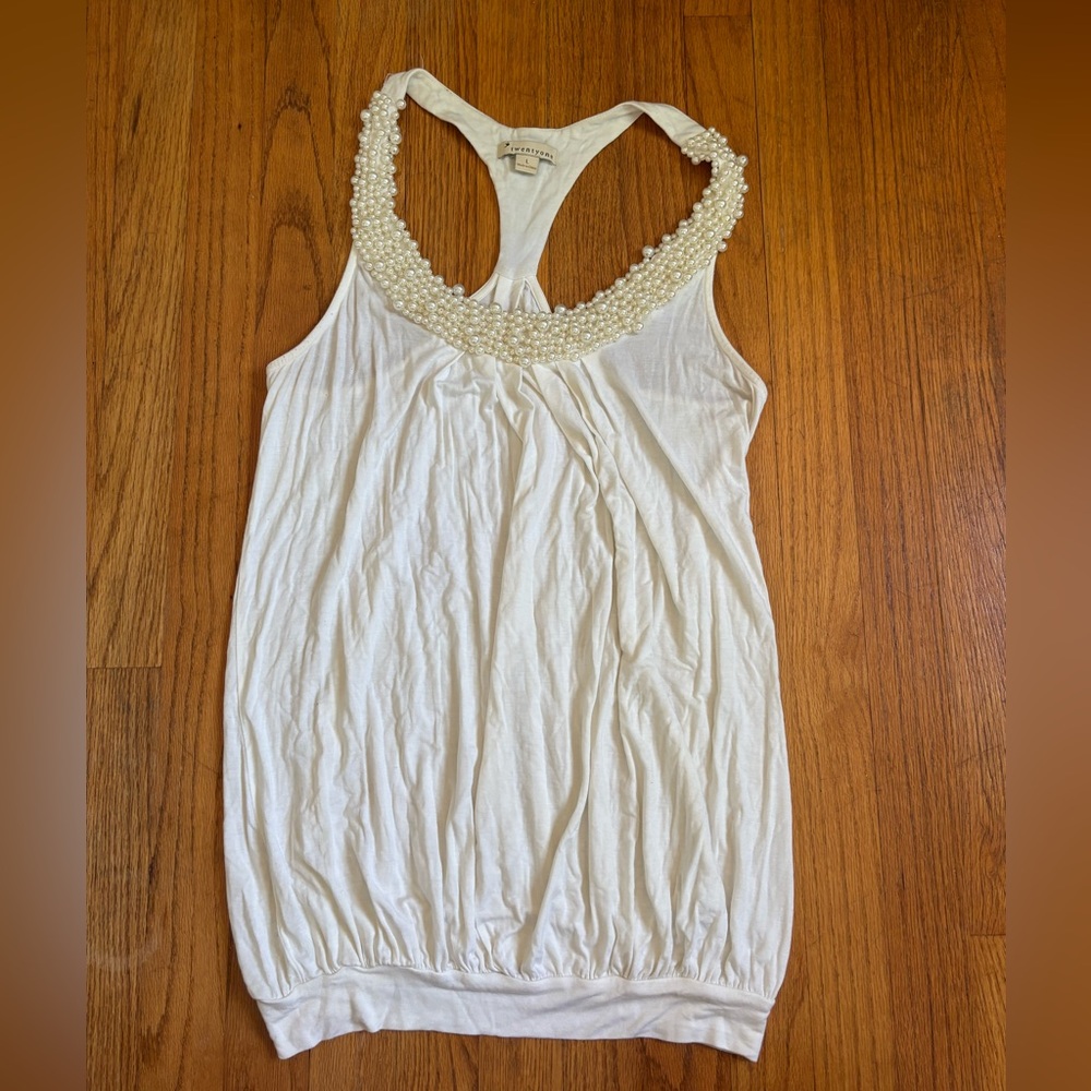 Forever 21 Cream Pearl Beaded Tank Top